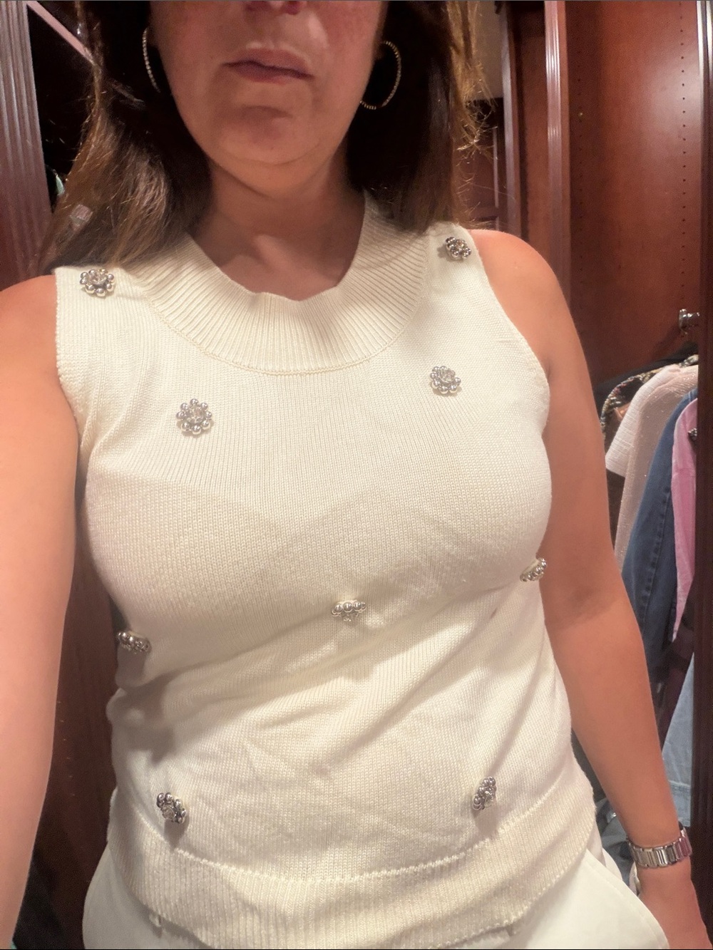 Central Park West Embellished Cream Knit Top